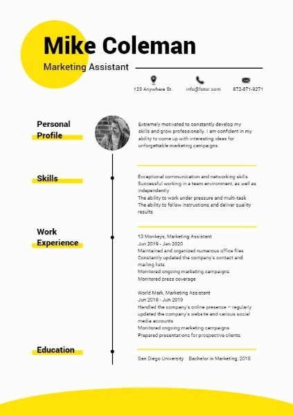Bright Yellow Social Media Marketer CV