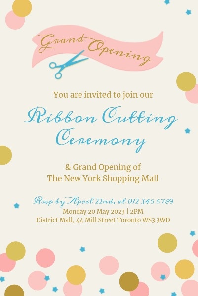 Pink And Yellow Grand Opening Cutting Ribbon Invitation