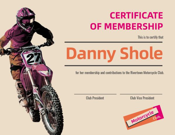 摩托车俱乐部会员证书证书