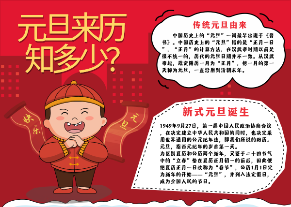 元旦节快乐知识分享喜庆红色卡通手抄报模板