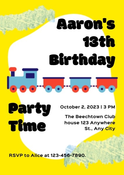 Yellow Train Kid's Birthday Invitation